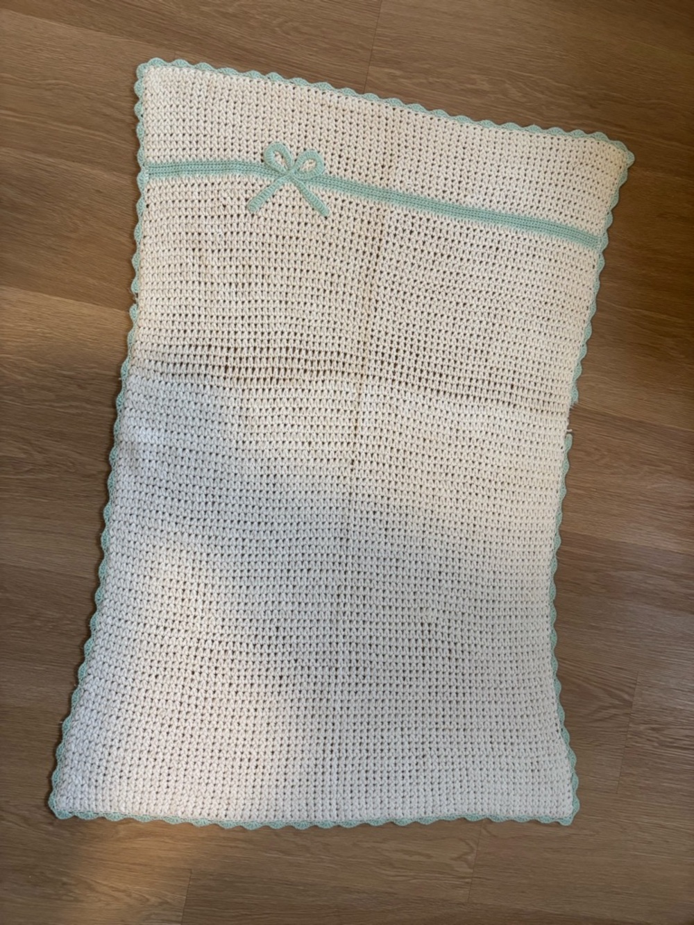 Vintage Handmade Crocheted Baby Blanket in Cream with Teal Trim